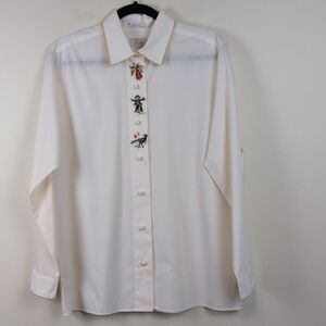 Foxtcroft Vintage Fall Cross-stitch Button Front Crocheted Trim Blouse Size 12